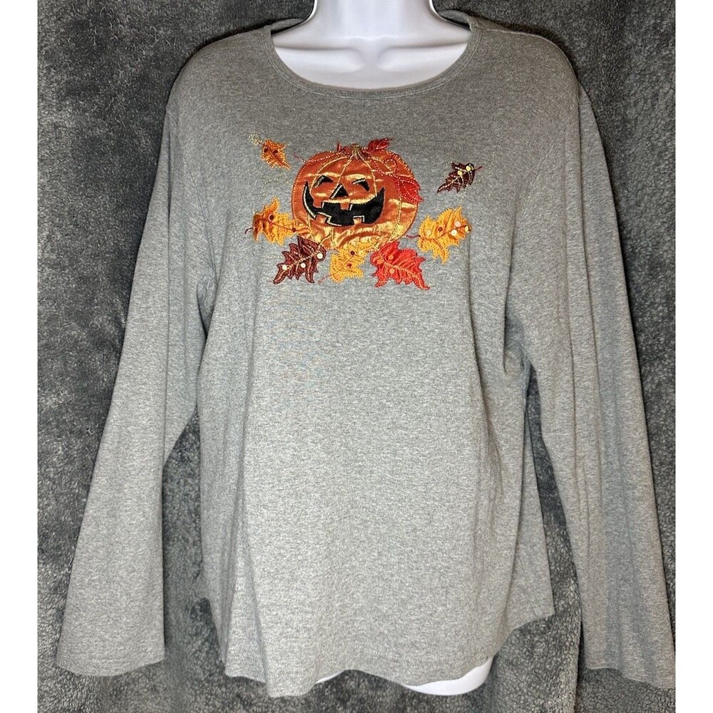 White Stag Women's Halloween T Shirt Black Long Sleeve Pumpkins Size XL
